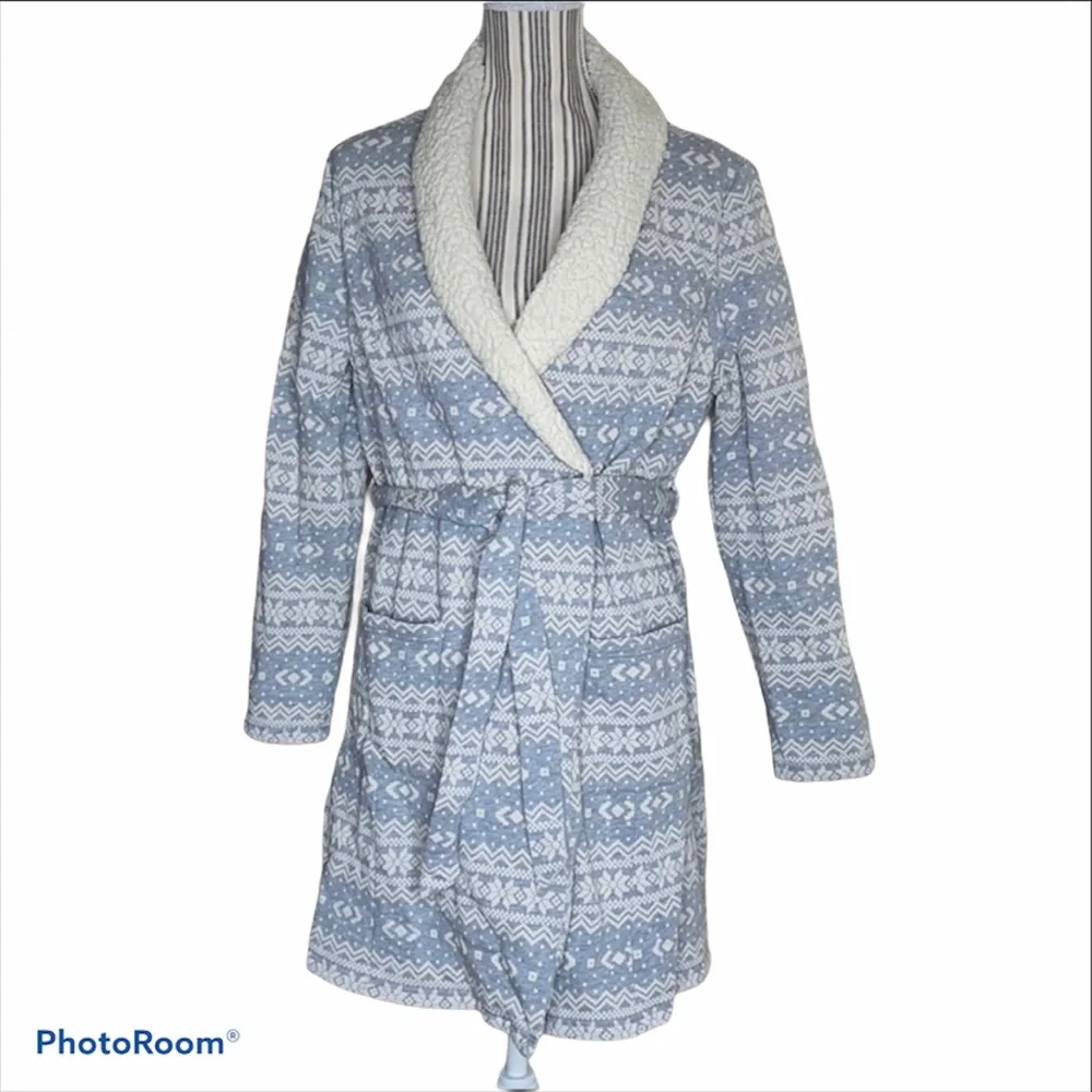 TALBOTS Snowflake Robe Sherpa Edging Wrap Belted Blue Size L